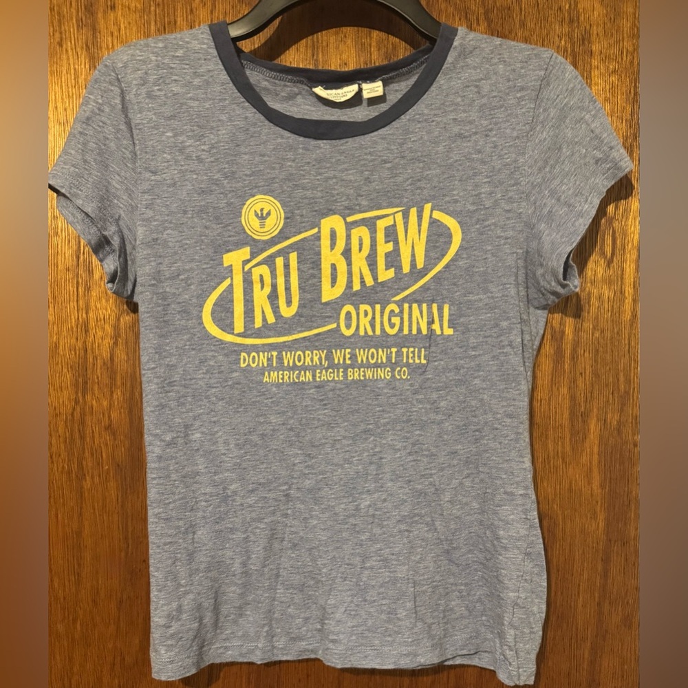 American Eagle Blue and Yellow Tru Brew Y2K Graphic Baby Tee ~ Size Medium